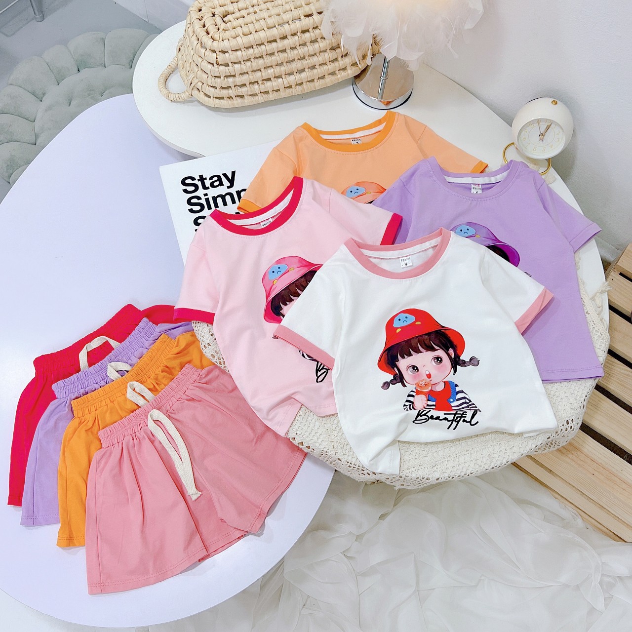 Bộ cộc in hình bé gái, bộ cotton 4 chiều mùa hè cho bé đi học, đi chơi