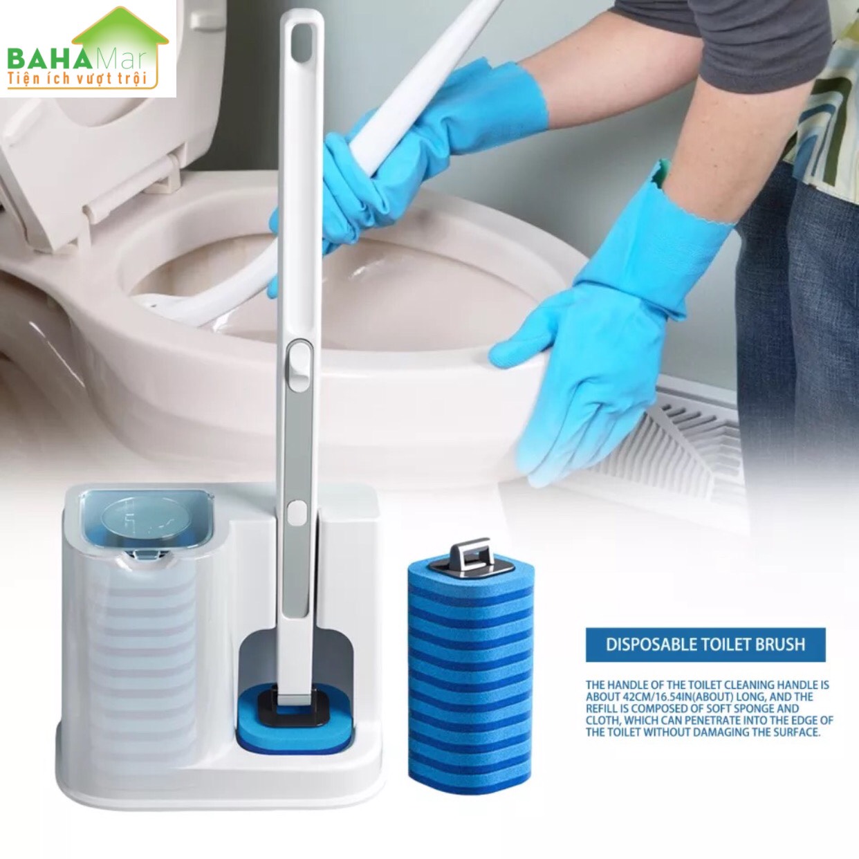 BỘ DỤNG CỤ LÀM VỆ SINH NHÀ TẮM CÓ ĐẦU THAY THẾ DÙNG MỘT LẦN "BAHAMAR" thiết kế đầu bàn chải có dung dịch dùng 1 lần làm sạch sạch sẽ và tiện lợi loại bỏ mùi hôi và diệt khuẩn.