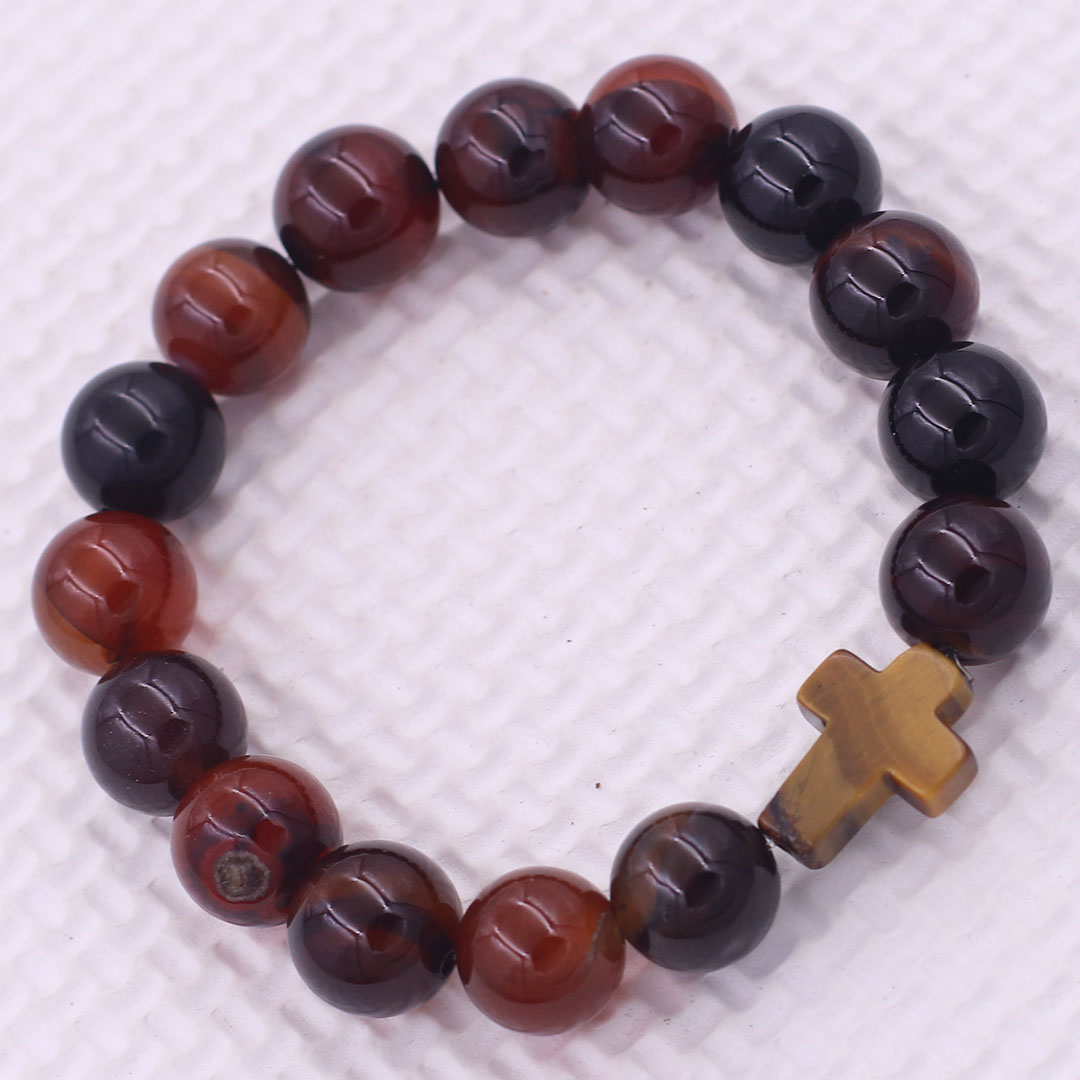 Vòng tay chuỗi hạt Đá Thạch anh Nâu kèm charm Thánh giá Đá Mắt hổ - Chuỗi tay phong thủy Size 8/10/12/14mm - Đem lại Bình an, may mắn