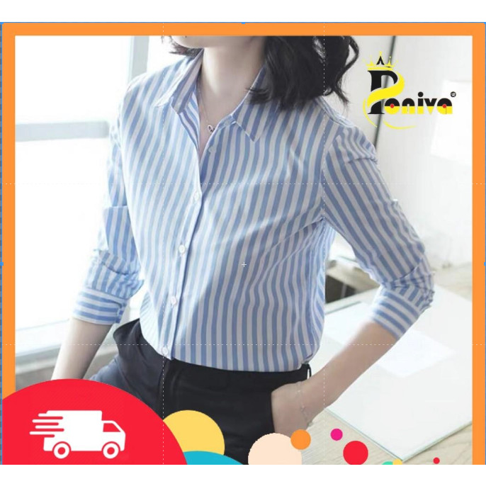 Áo Sơ Mi Nữ Dài Tay Phối Sọc Siêu Hot PONIVA