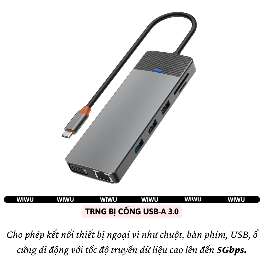 Hub chuyển đổi chia cổng USB-C 12in1 sạc nhanh 100W trang bị USB 3.0 +PD Type-C + Micro SD, SD + HDMI 4K@60Hz, LAN RJ45, VGA hiệu WIWU Linker 12in1 cho Macbook Laptop cho iPhone - Hợp kim nhôm, vừa sạc vừa xuất màn hình và truyền dữ liệu - Hàng nhập khẩu