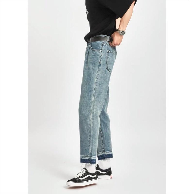 Quần jeans nam baggy ống đứng vải jeans cao cấp + áo thun đen
