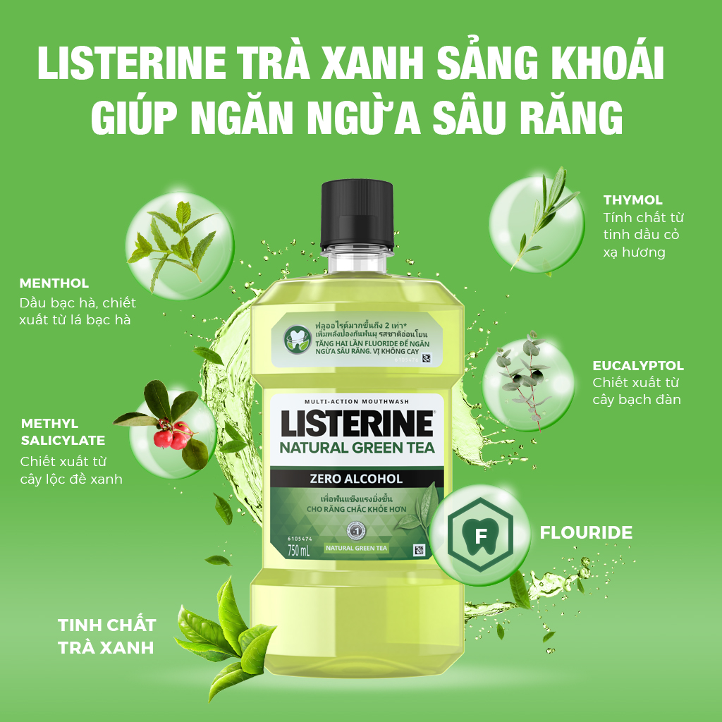 Bộ 2 Nước súc miệng Listerine Cool Mint 750ml + 1 trà xanh 250ml