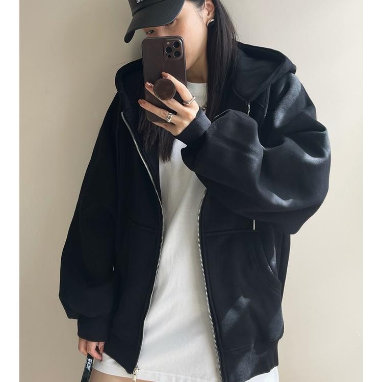 ÁO KHOÁC HOODIE NỮ VẢI NỈ FORM RỘNG TAY PHỒNG MÀU XÁM TRƠN , ÁO KHOÁC KHÓA KÉO MÀU XÁM TRƠN