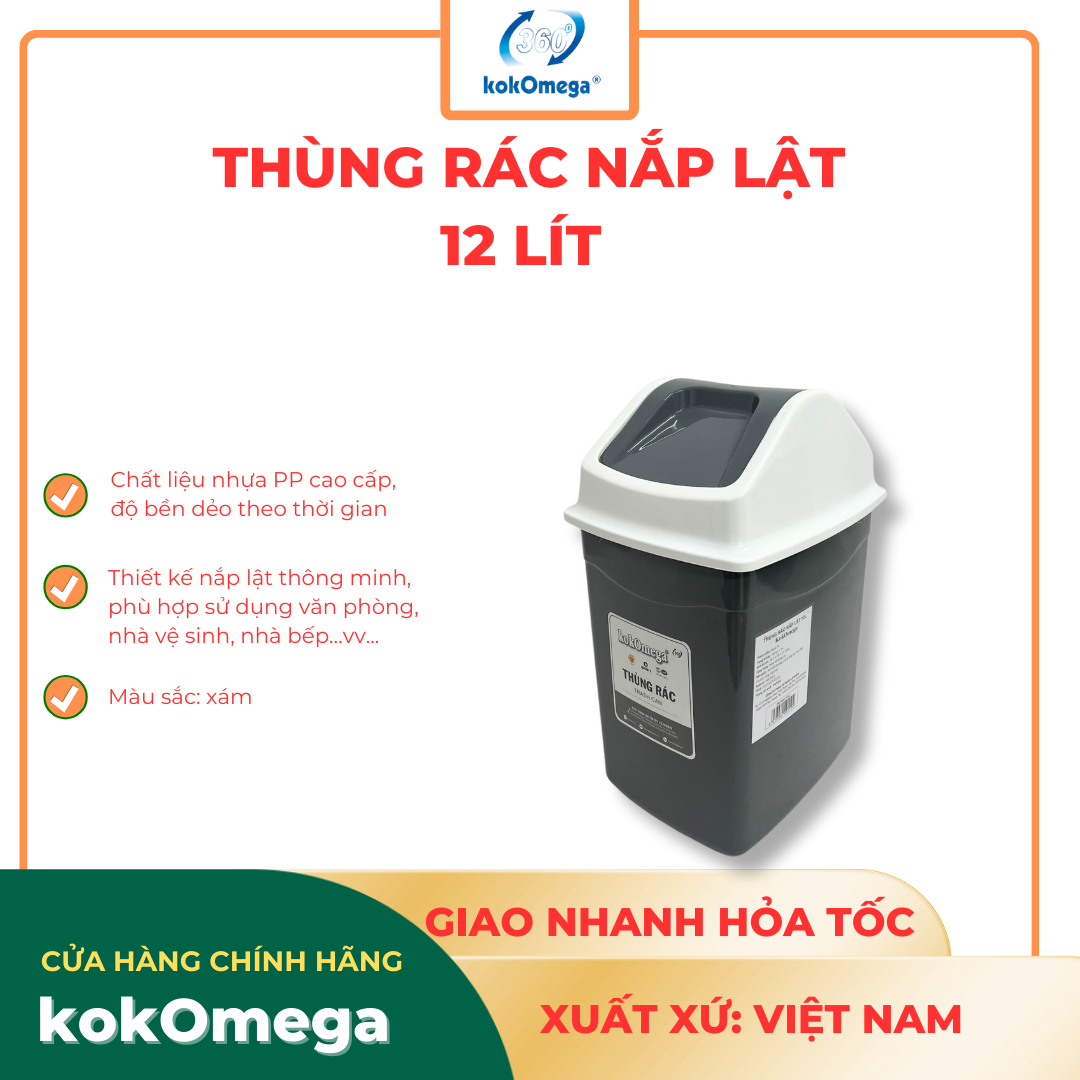 Thùng Rác Nắp Lật kokOmega Gọn Nhẹ, Thông Minh, Tiện Lợi