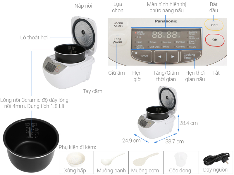 Nồi cơm điện tử Panasonic 1.8 lít SR-CX188SRAM - Hàng Chính Hãng