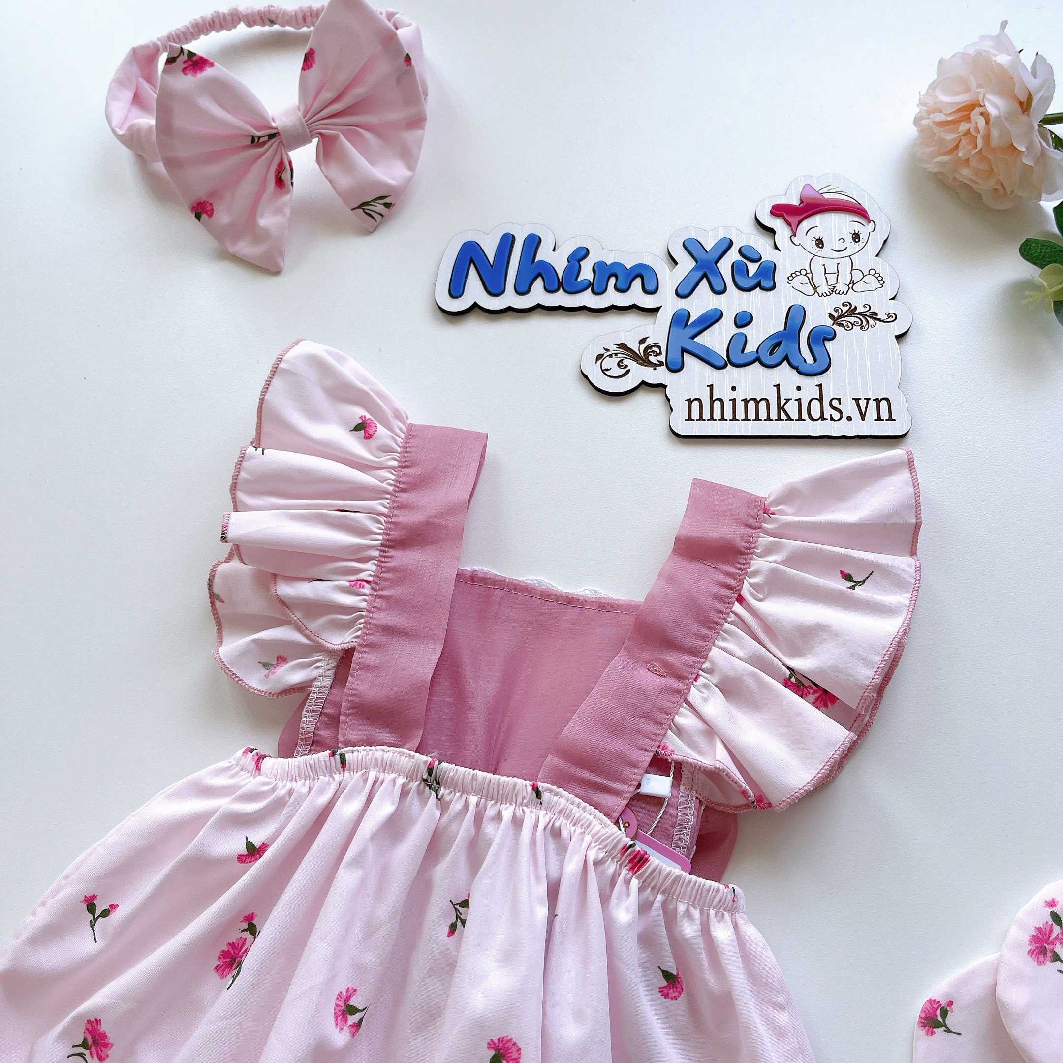 [3-12kg] Body 2 Dây Gấu Hồng NHÍM XÙ KIDS Cho Bé Gái Sơ Sinh, Đầy Tháng, Thôi Nôi, Sinh Nhật Chất Đũi Xốp B064