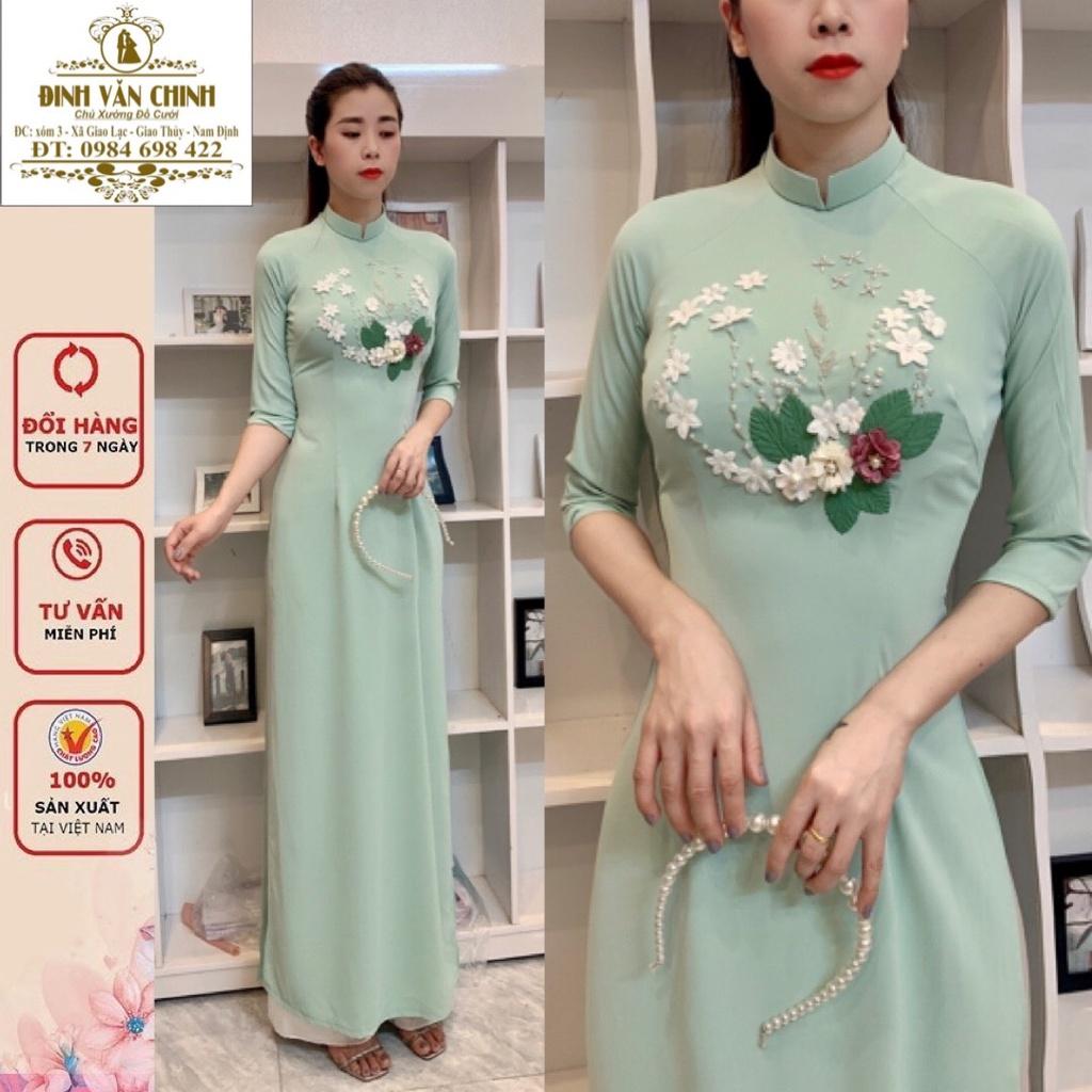Áo dài truyền thống thiết kế hoa nổi đính ngược lụa mỹ cao cấp