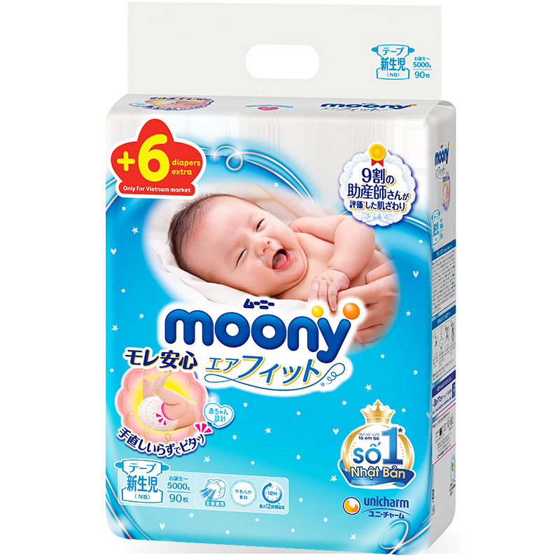 Tã Dán Sơ Sinh Cao Cấp Moony Nhật Bản NB90  - Tặng 6 miếng trong gói