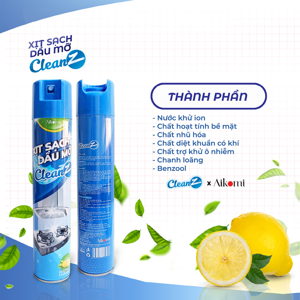 Bình xịt làm sạch dầu mỡ nhà bếp tường gạch máy hút mùi CleanZ 450ml Hương Chanh