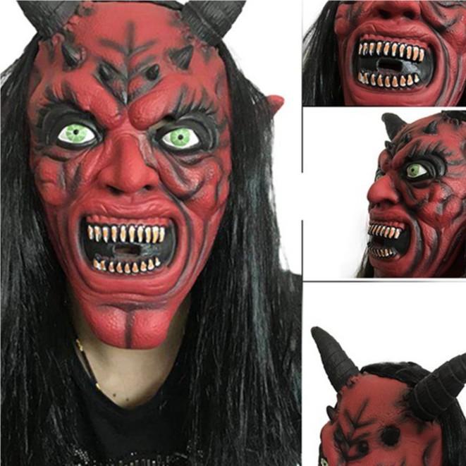 Mặt nạ đỏ 2 sừng kèm bộ tóc đen dài dùng trong hóa trang halloween,trung thu,sự kiện,lễ hội độc đáo
