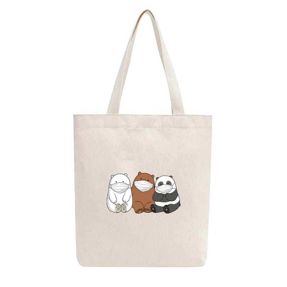 Túi tote vải mộc Tiệm nhà Pony dây kéo in hình We bare bears đeo khẩu trang PM120
