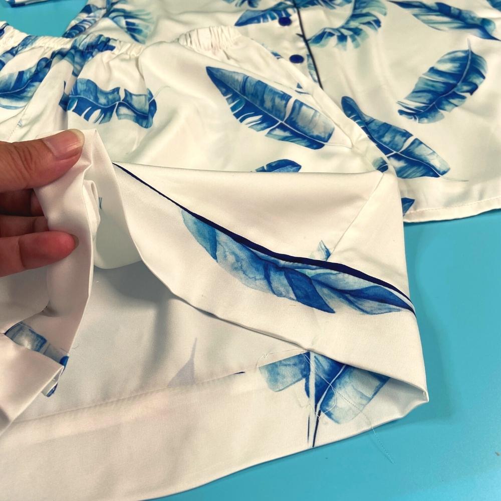 Bộ đồ Pyjama nữ, đồ mặc nhà VILADY - B106 kiểu quần đùi tay ngắn họa tiết lá xanh, chất liệu lụa Pháp cao cấp