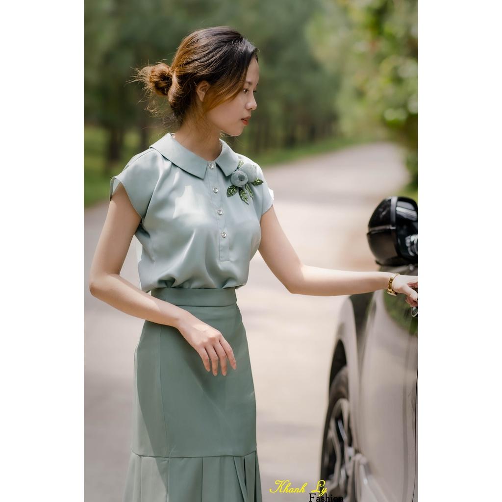 Áo Thiết Kế Lụa Cao Cấp Hoa Hồng Bạc Hà