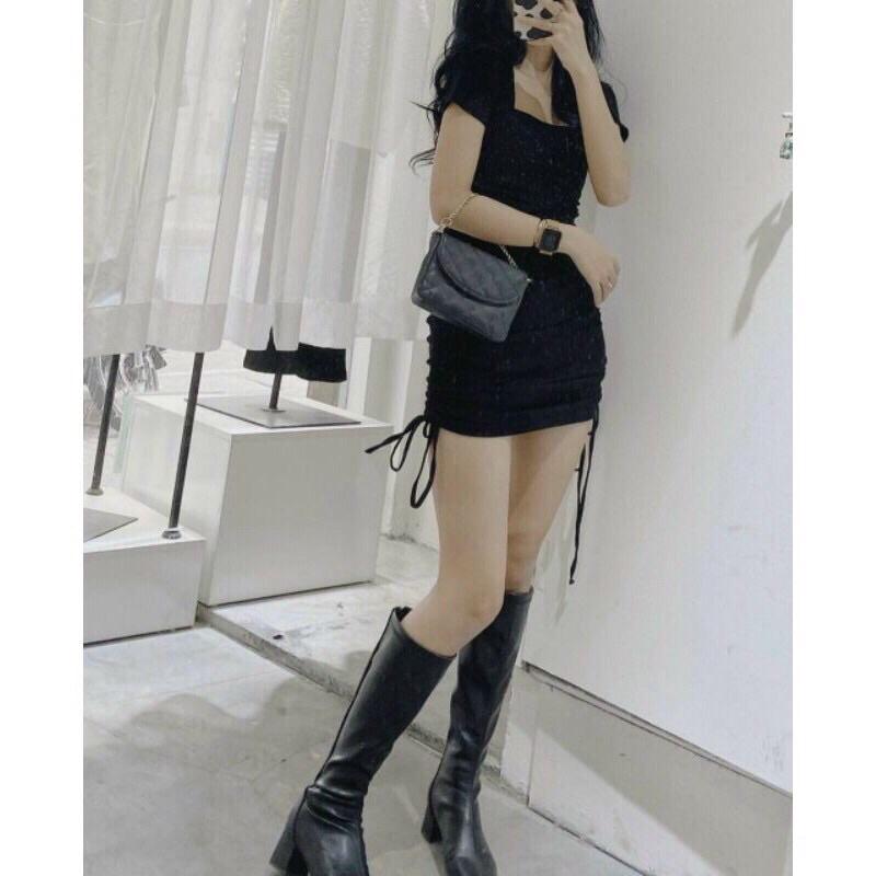 Đầm body ngắn tay cổ vuông rút eo siêu xinh