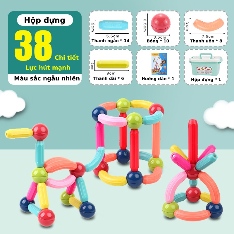 Đồ chơi que từ tính nam châm tròn 67 chi tiết EASYTOYS lắp ráp xếp hình khối xây dựng