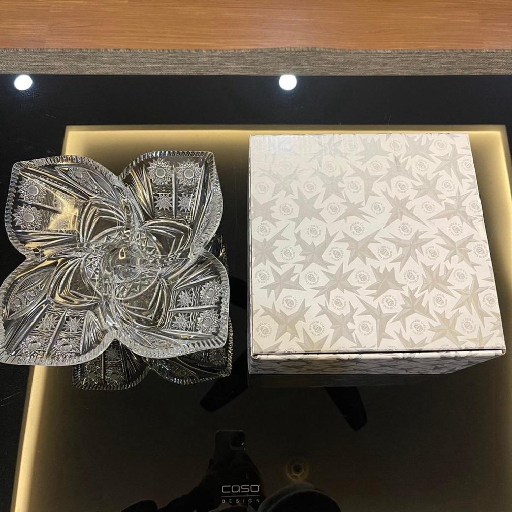 Chân Bồng 4 Cánh Hoa Pha Lê Mài Bohemia 30cm, Khay Bồng Pha Lê Trang Trí Bàn Tiệc, Nhập Đức