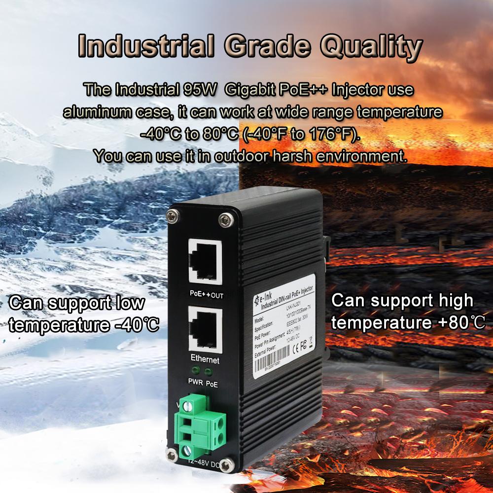 Công Nghiệp 95W Gigabit PoE Injector Din Rail 12~48VDC 2 Cổng Nguồn POE Injector Ethernet Adapter IEEE802.3af/at/bt IP40
