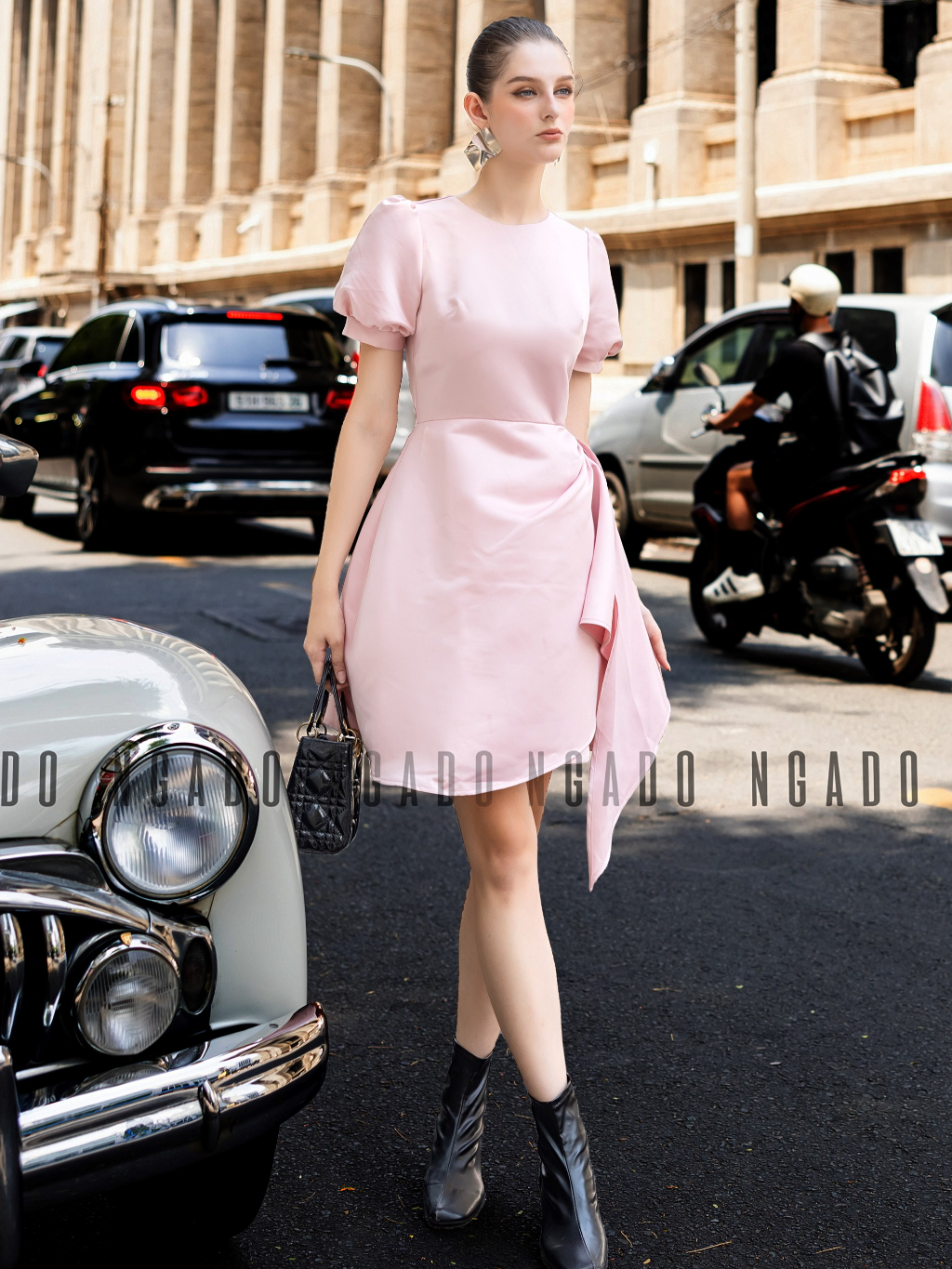 Đầm hồng cổ tròn NGADO , đầm nữ , Đầm tay phồng , Đầm dự tiệc sang chảnh