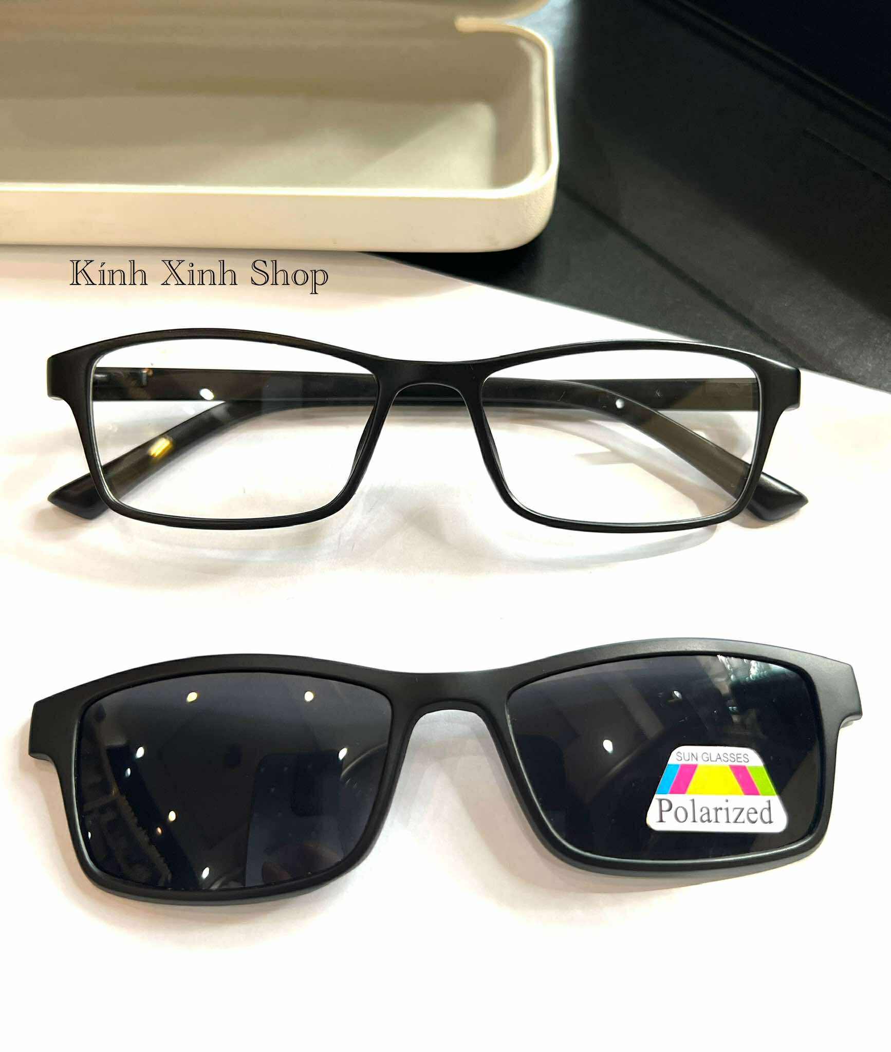 Kính Cận Râm Clip On, Gọng Kính Cận Mắt Vuông nhỏ 2in1 Gọng Nhựa Đen Ultem