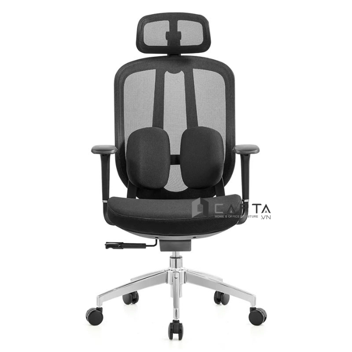 Ghế làm việc giảm đau lưng hạn chế đau vai gáy CM4560-M Nội thất Capta Ghế văn phòng lưng lưới nệm vải có tựa đầu hỗ trợ cột sống tay nhựa chữ T điều chỉnh được