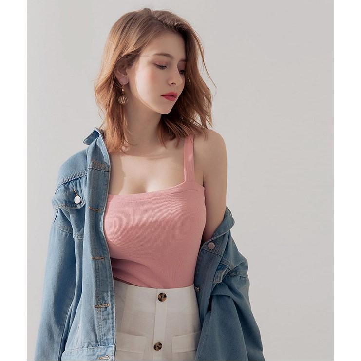 Áo 2 dây sọc gân cổ vuông tối giản