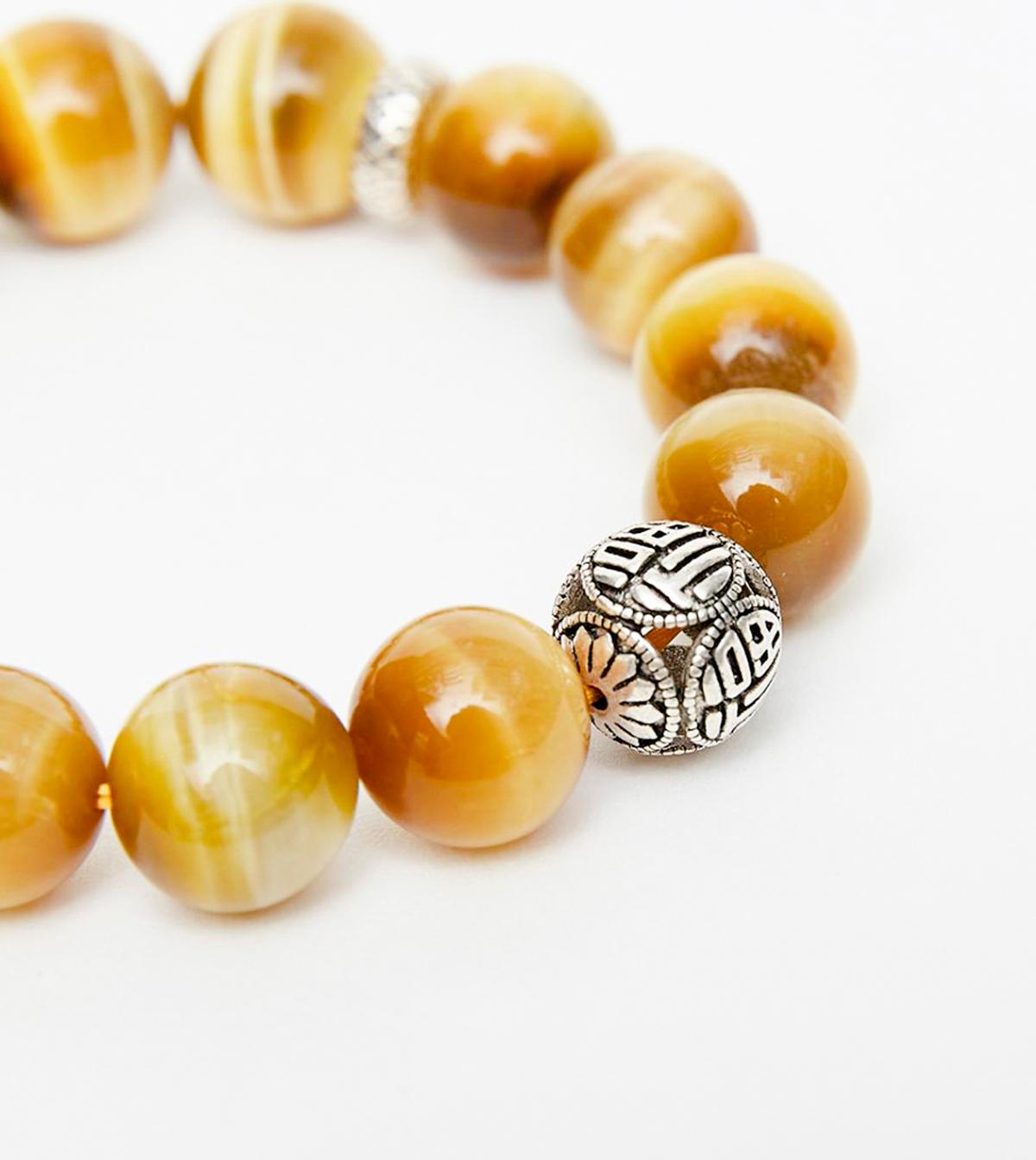 Vòng tay đá thạch anh mắt hổ vàng tâm phối charm tròn bạc 13mm mệnh thổ, kim - Ngọc Quý Gemstones