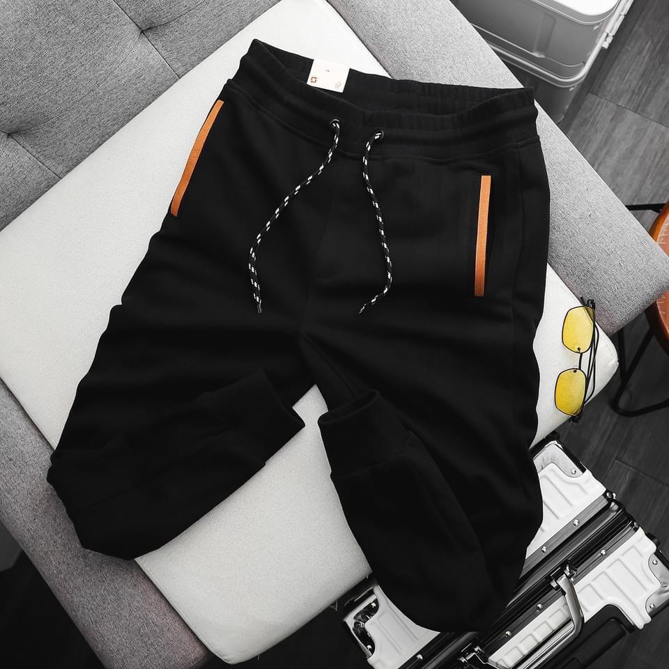 Quần thun dài jogger nam màu đen bigsize 90 - 130kg - cách điệu túi viền cam, dây luồng quần thời thượng