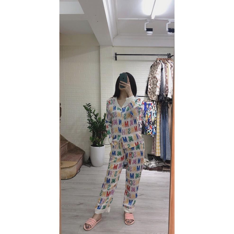 freeship Đồ ngủ nữ pijama dài tay lụa Satin họa tiết chữ siêu đẹp ( Hàng loại đẹp)