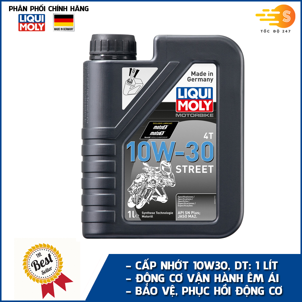 Dầu nhớt tổng hợp động cơ cho xe số, xe máy phân khối lớn, xe côn tay Liqui Moly 10W30 Street 2526 1lít - Phù hợp cho xe chạy gần, dạo phố tăng khả năng đầm xe, mát máy