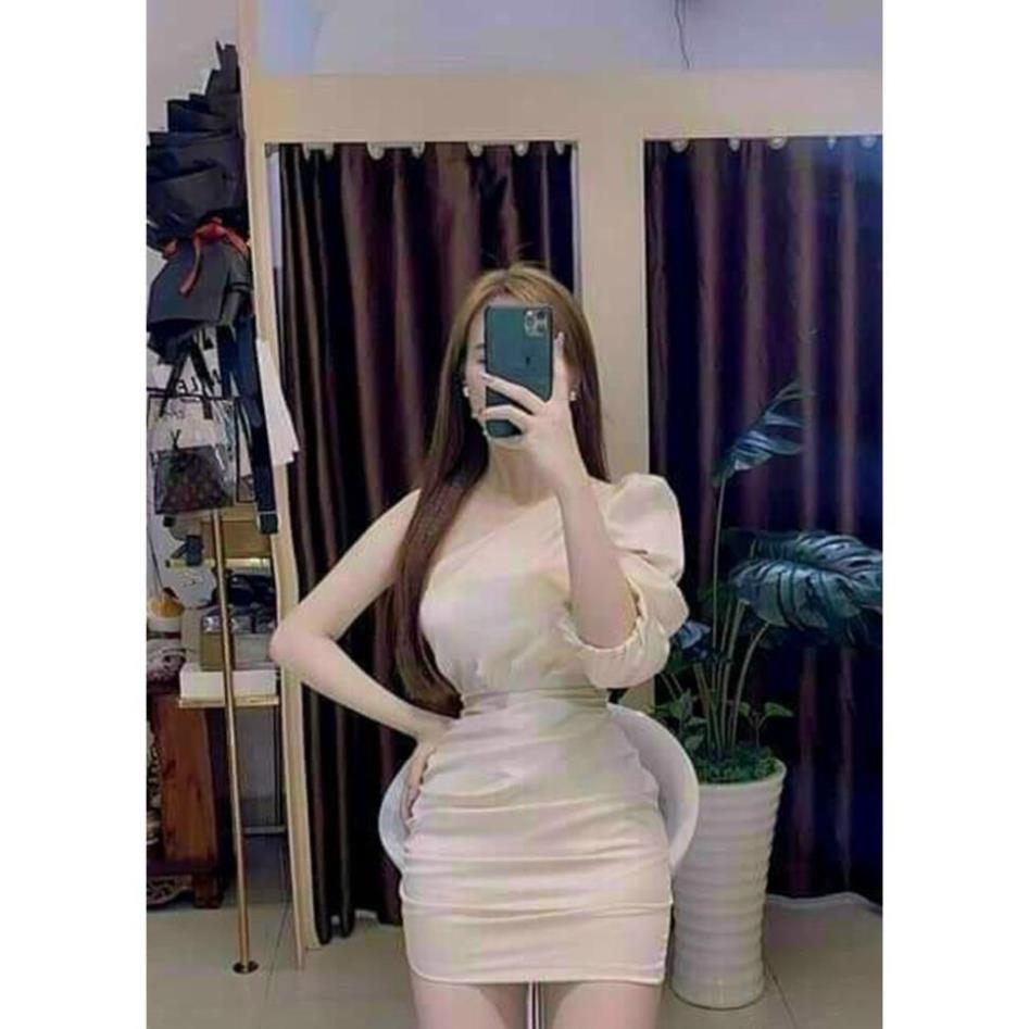 TSL-Đầm Ôm body nhún 1 Vai Tay Phồng Có Mút, váy ôm tôn dán lệch vay trắng đen hồng nude