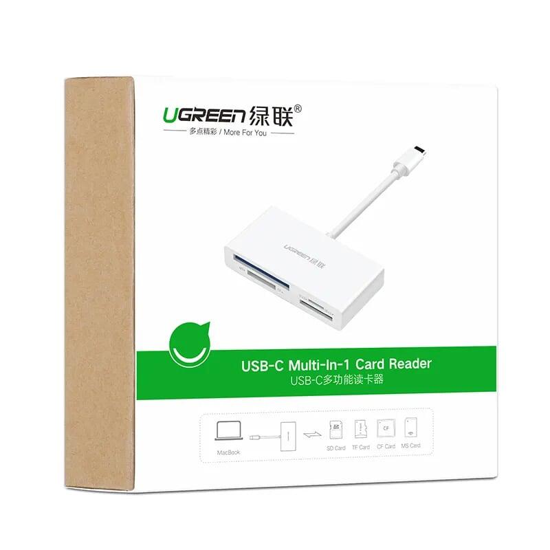 Ugreen UG40445US214TK 15CM màu Trắng Đầu đọc thẻ USB TYPE C sang 4 cổng TF + SD + CF + MS 4.0 - HÀNG CHÍNH HÃNG