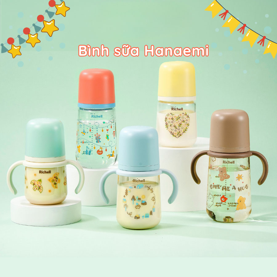 Bình sữa thủy tinh Hanaemi Richell 160ml/240ml