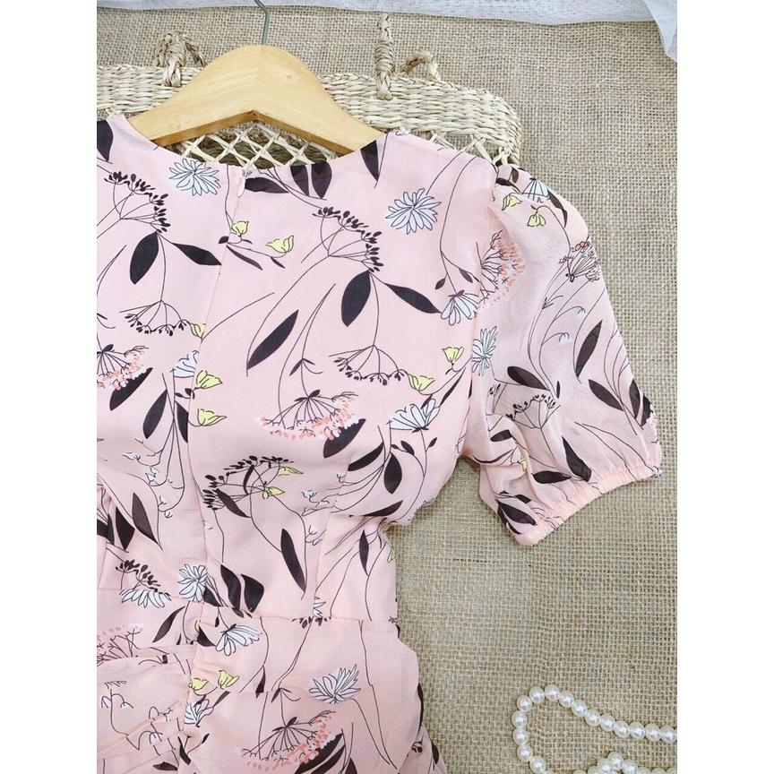Đầm hoa nhí voan nhún eo, Váy hoa nhí đuôi cá công sở Cao Cấp dự tiệc tay ngắn cổ tròn - MiNhi Fashion