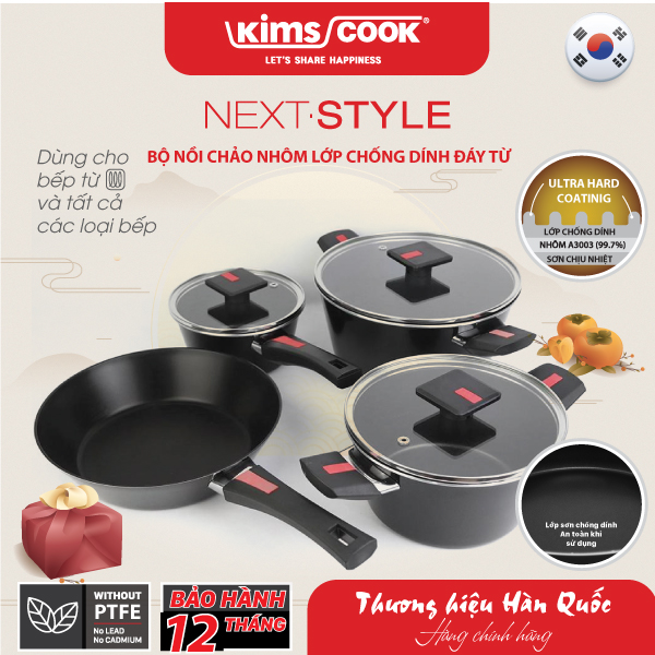 Bộ nồi chảo cao cấp Next Style đáy từ hợp kim nhôm chống dính Kims Cook 07 món