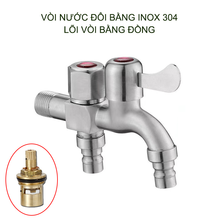 Vòi nước đôi bằng inox 304 gắn tường G03 với 01 đầu vào 2 đầu ra (đầu vào DN15 lắp cho ống D21)