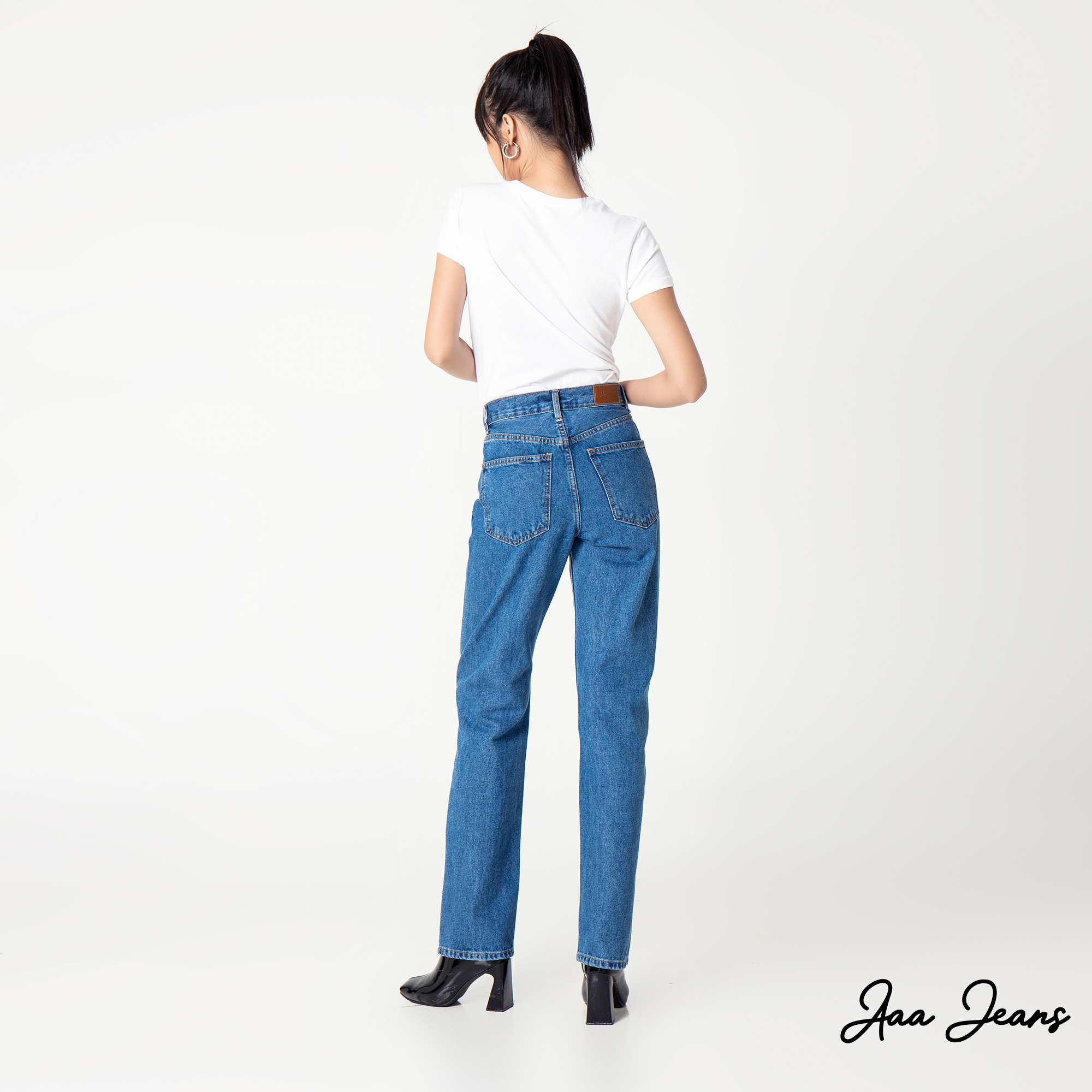 Quần jean nữ ống đứng slim fit lưng cao Aaa Jeans True Blue