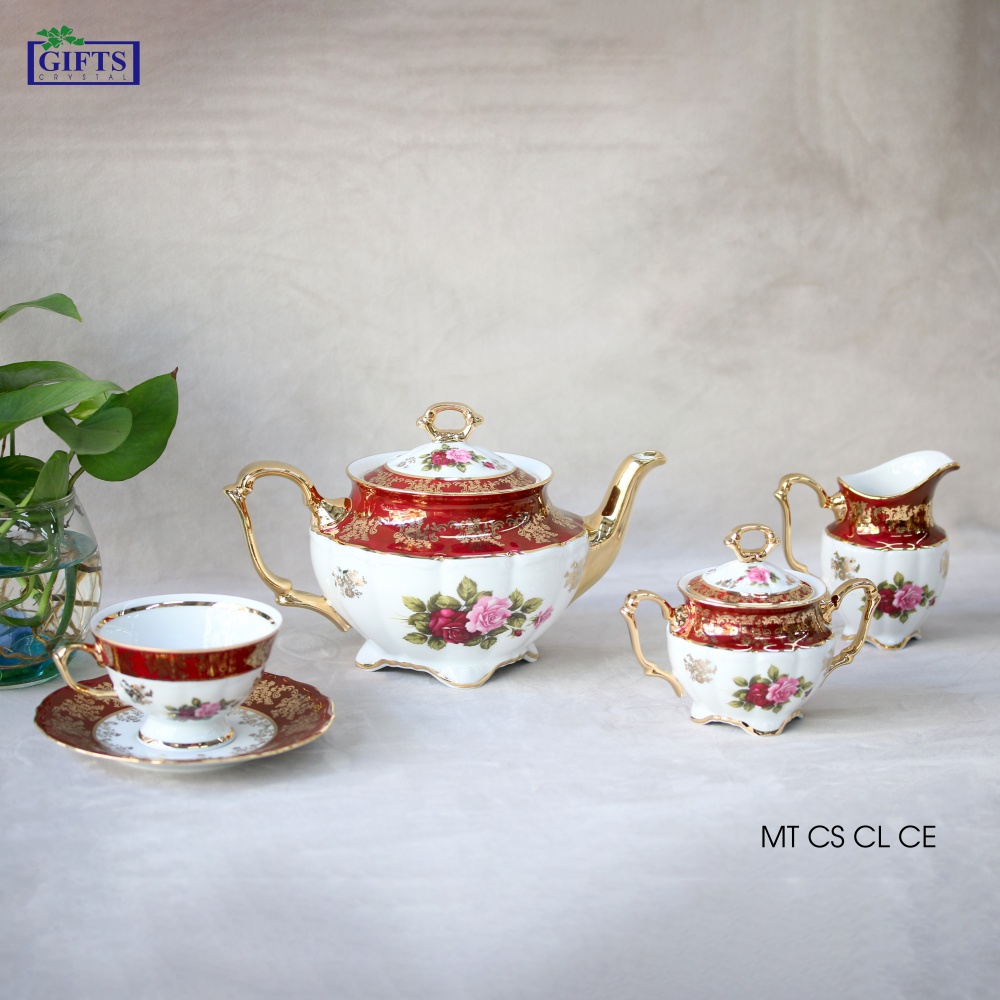 Bộ ấm trà sứ đỏ mạ vàng Tiệp khắc