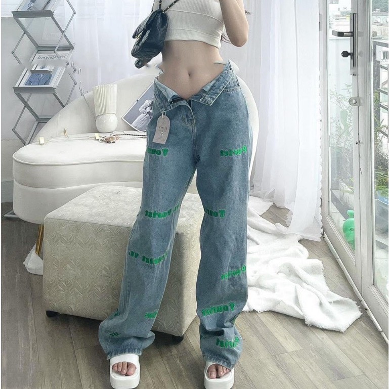 QUẦN JEANS ỐNG RỘNG LƯNG CAO DÀI SUÔNG TRƠN DENIM THỂ THAO DẠO PHỐ ĐI CHƠI ĐI BIỂN ĐI TIỆC CÔNG SỞ