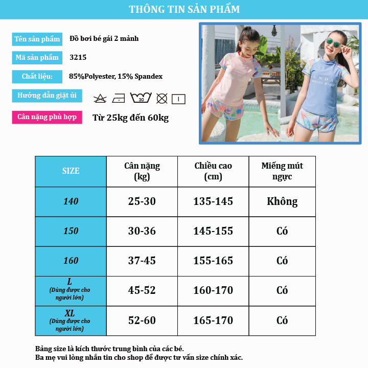 Bộ bơi bé gái lớn, dáng 2 mảnh cộc tay quần sooc đùi thể thao, màu sắc trẻ trung, áo tắm trẻ em nữ size đại từ 25 đến 60kg | BT37