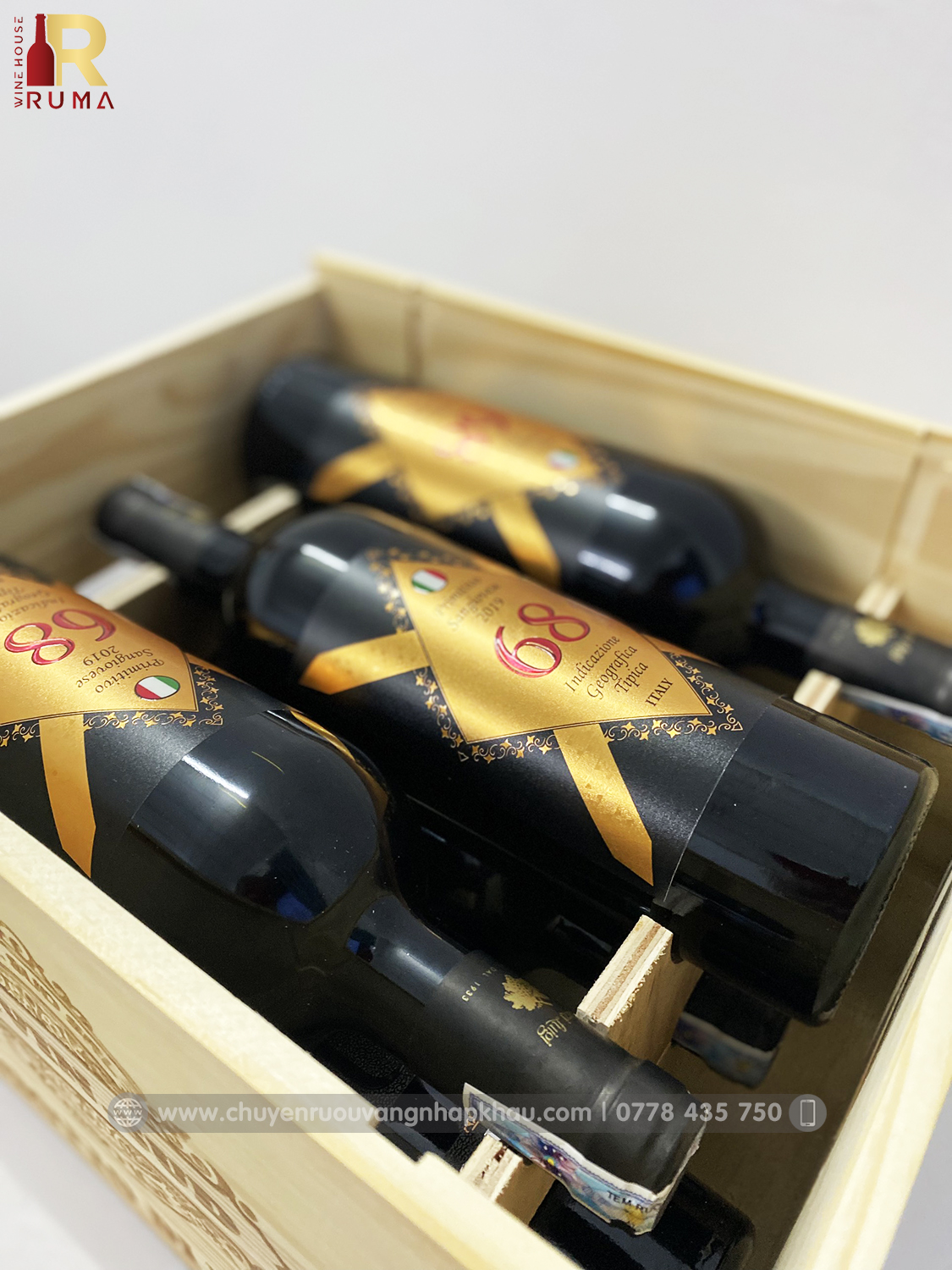 [Set quà tặng cao cấp] Hộp gỗ 6 chai rượu vang Ý 68