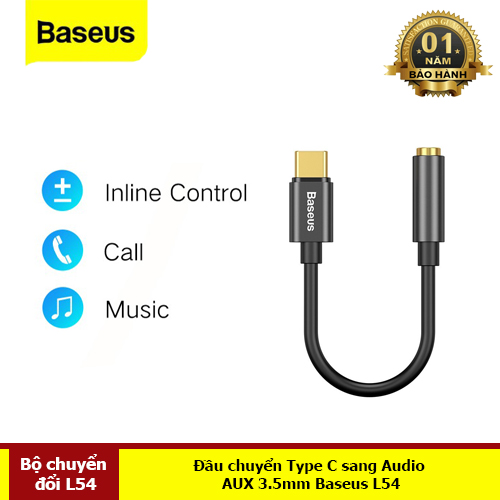 Đầu chuyển Type C sang Audio AUX 3.5mm Baseus L54 (Type-C Male to 3.5mm Female Adapter, built-in DAC, 24-bit/48kHz)-Hàng Chính Hãng