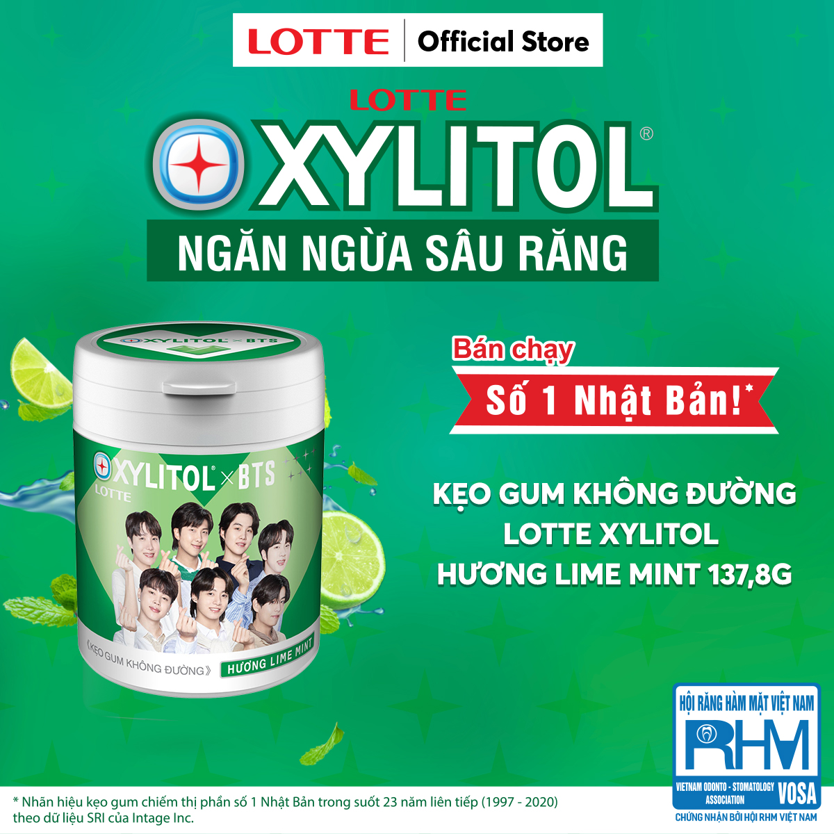 Kẹo Gum không đường Lotte Xylitol - Hương Lime Mint 130,5 g