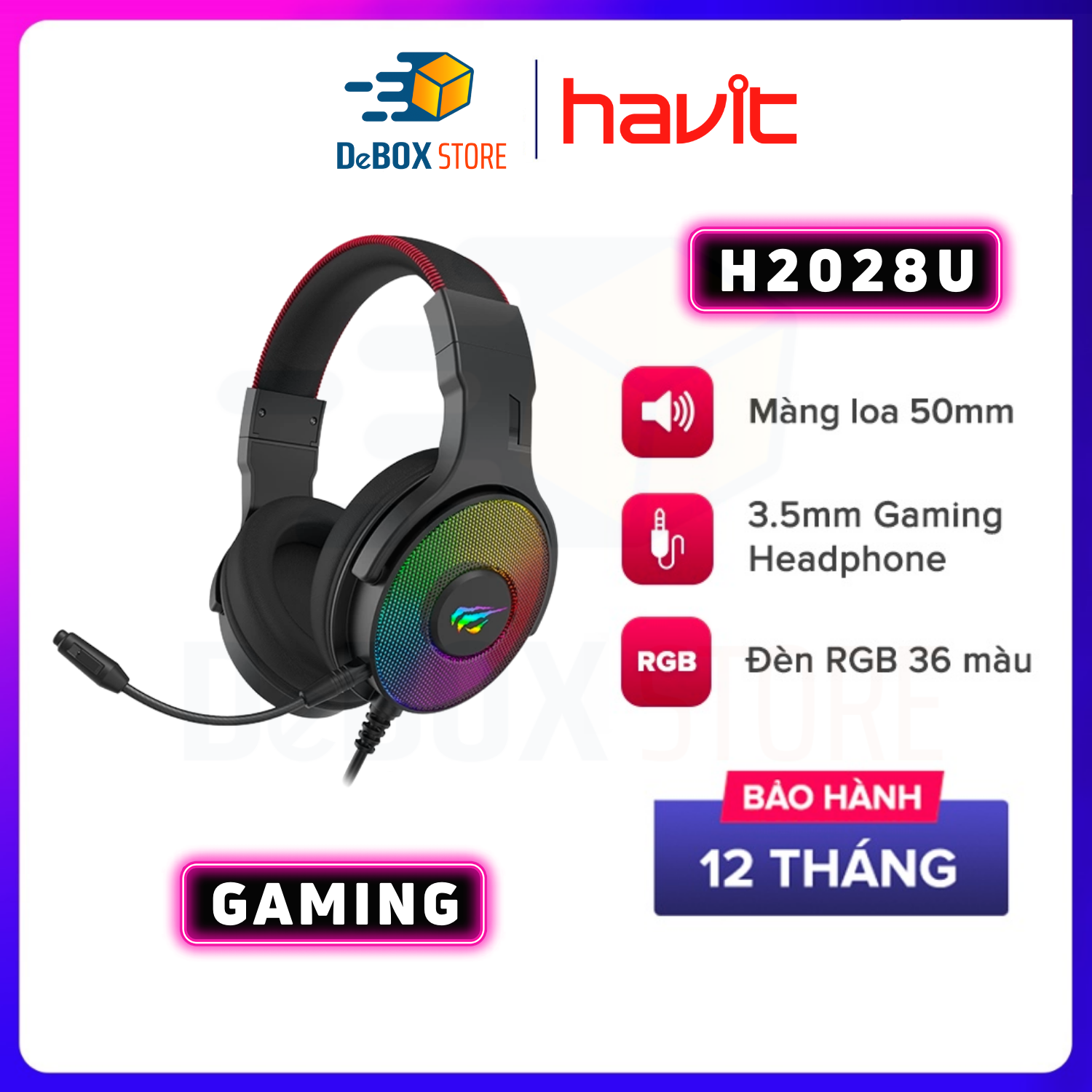 Tai Nghe Gaming Headphone HAVIT H2028U, Driver 50mm, Âm Thanh Vòm 3D, Đèn EGB Streaming - Hàng Chính Hãng