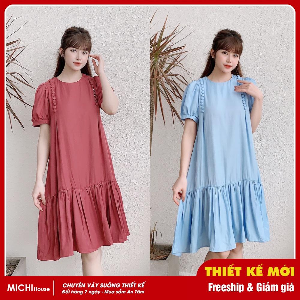 Đầm Suông Đuôi Cá Ngắn Tay Đính Cúc MICHI House V358 Váy Suông Lụa Tơ Mềm Mát Freesize