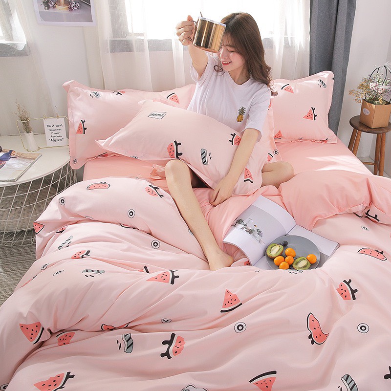 Bộ chăn ga gối cotton LIDACO PL1 - Dưa Hấu Hồng - TẶNG VỎ GỐI ÔM