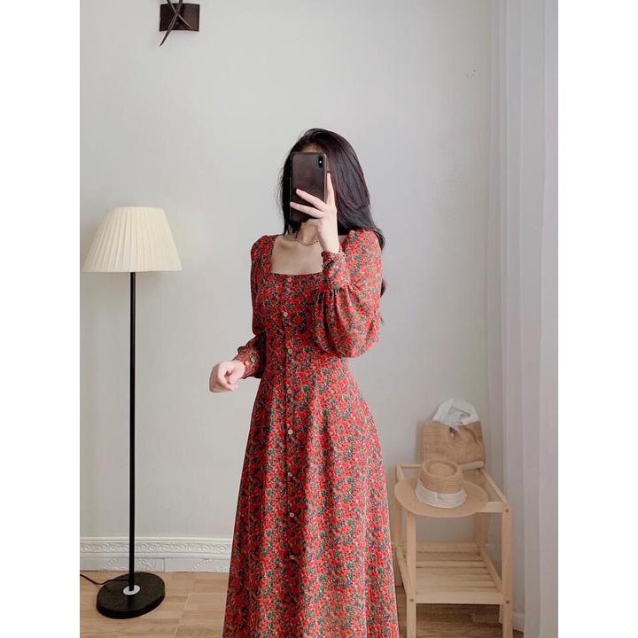 VÁY VINTAGE HOA ĐỎ NHÍ CỔ VUÔNG