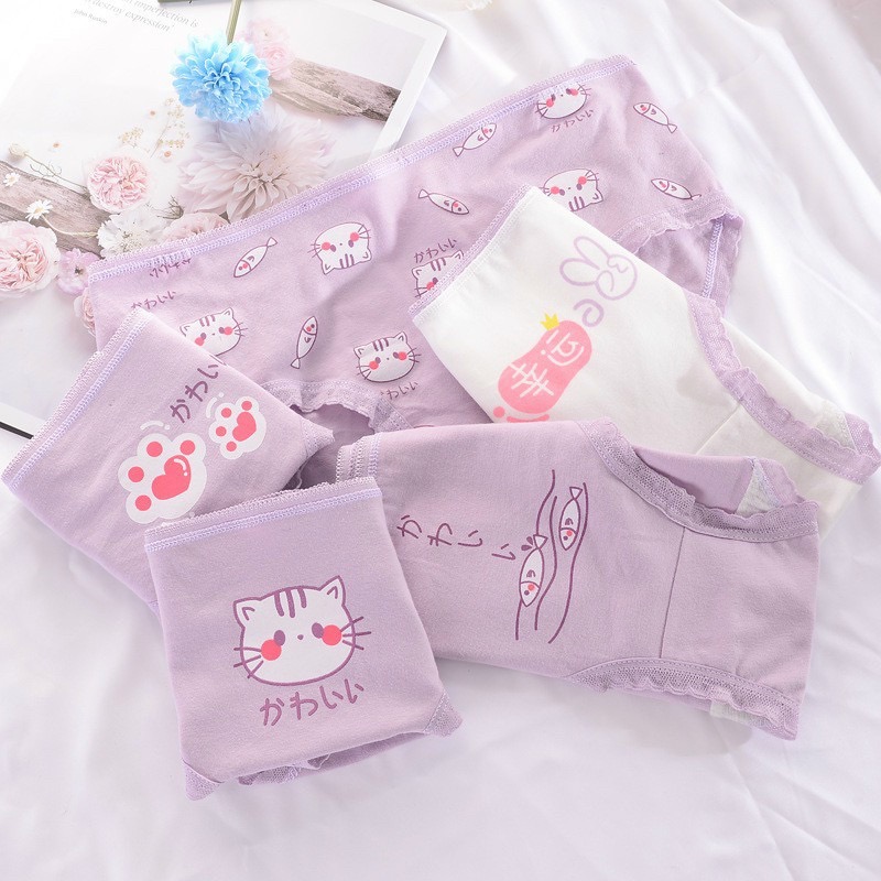 Combo 5 quần lót nữ cotton dễ thương Freesize Mèo tím và con cá