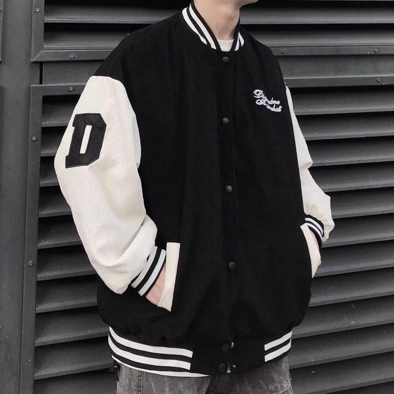 Áo jacket varsity nam nữ,thêu chữ D thiết kế tay nhung tăm