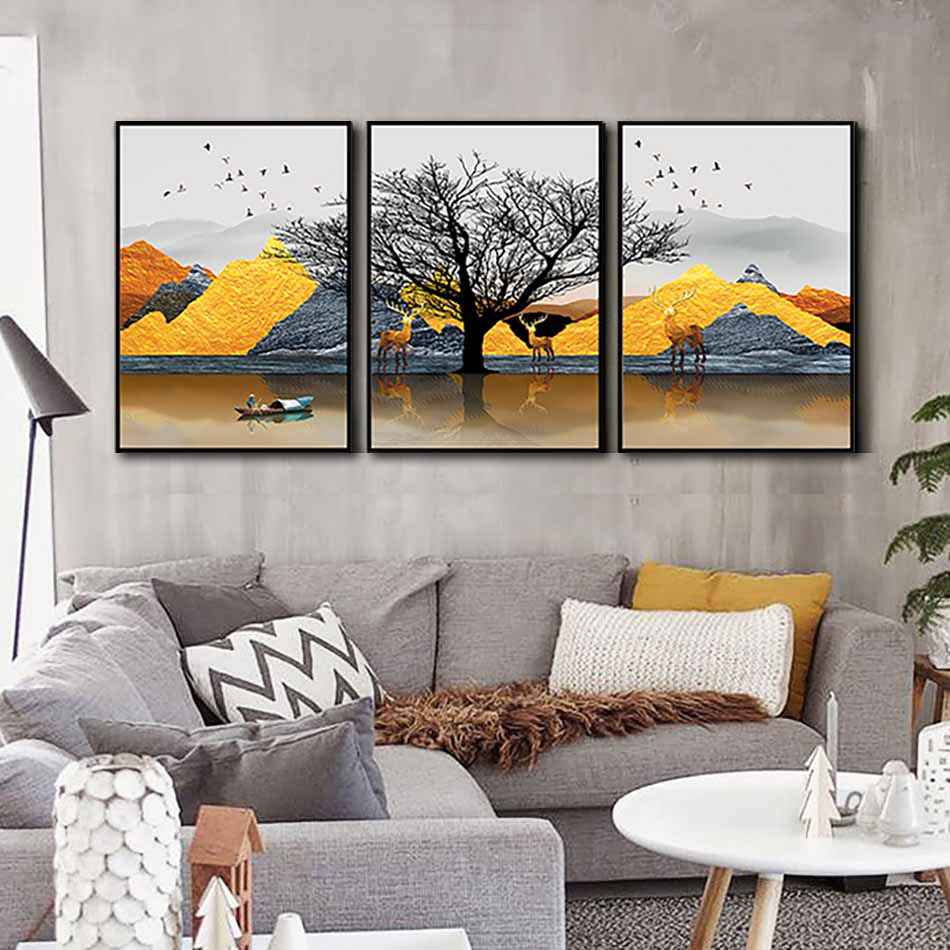 Bộ 3 tranh canvas treo tường Decor Họa tiết cách điệu hươu và sông núi - DC126